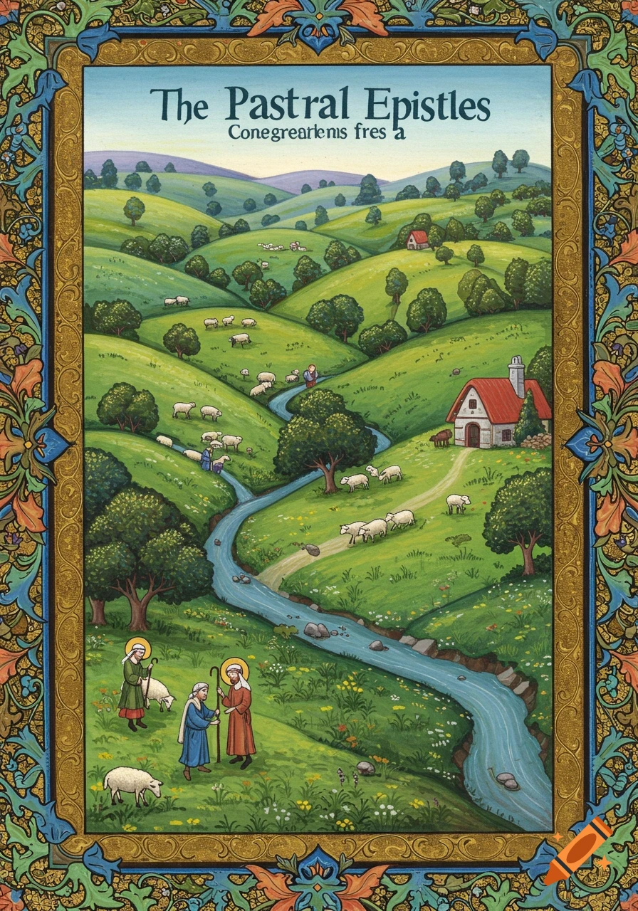 An illustration in the style of an illuminated manuscript showing a pastoral landscape with sheep, a river, people with halos, and a small house, bordered by ornate patterns.