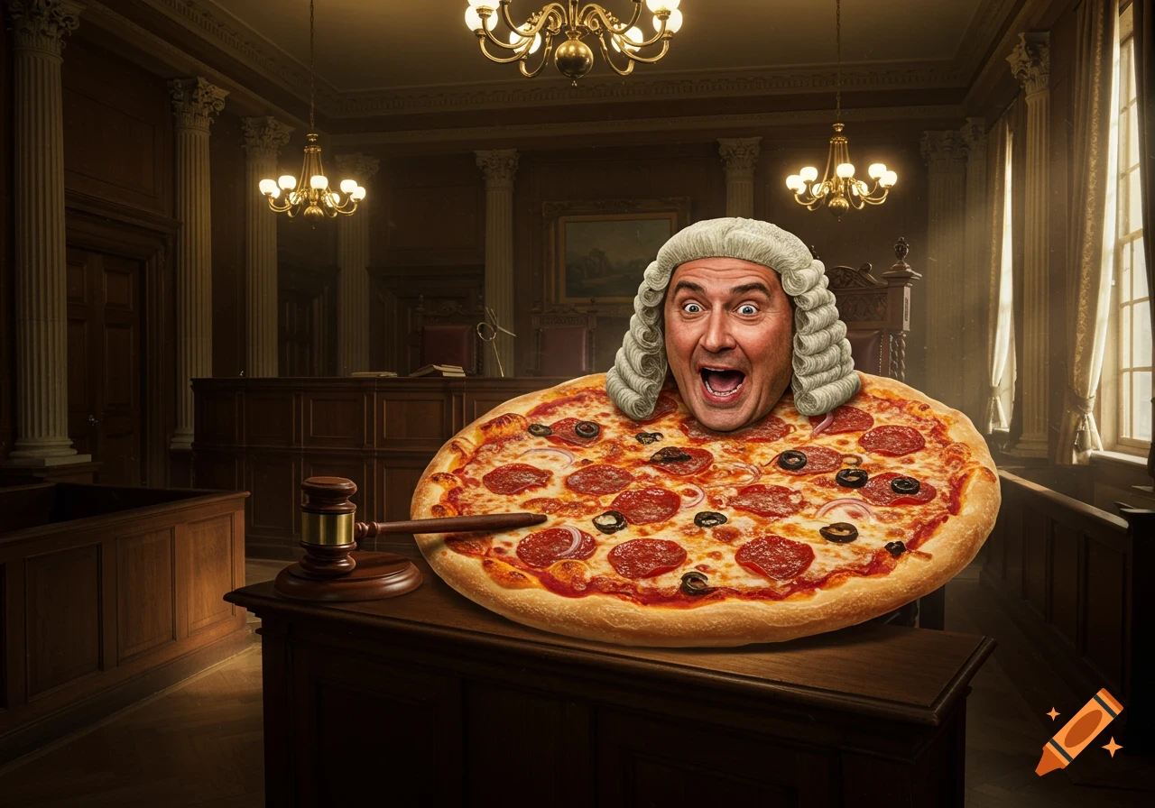 A hyperrealistic image of a pizza with a judge's head and wig sitting on a table in a courtroom next to a gavel.