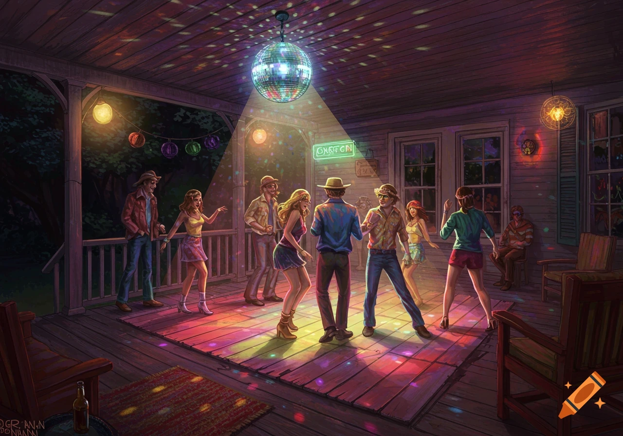 People dancing on a porch under a disco ball and colorful lights, illustrated.