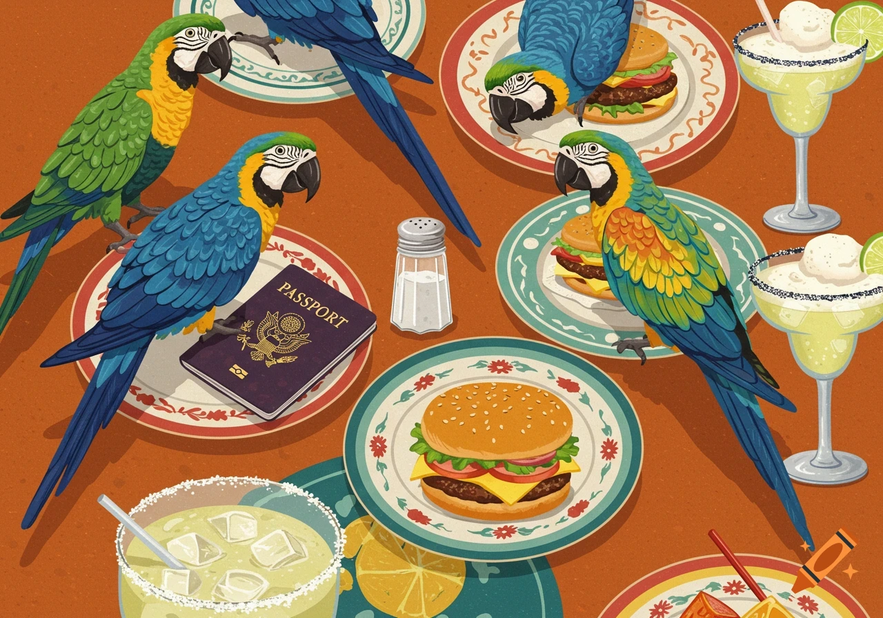 Illustration of parrots perched on plates with burgers and a passport, surrounded by margaritas and a salt shaker.