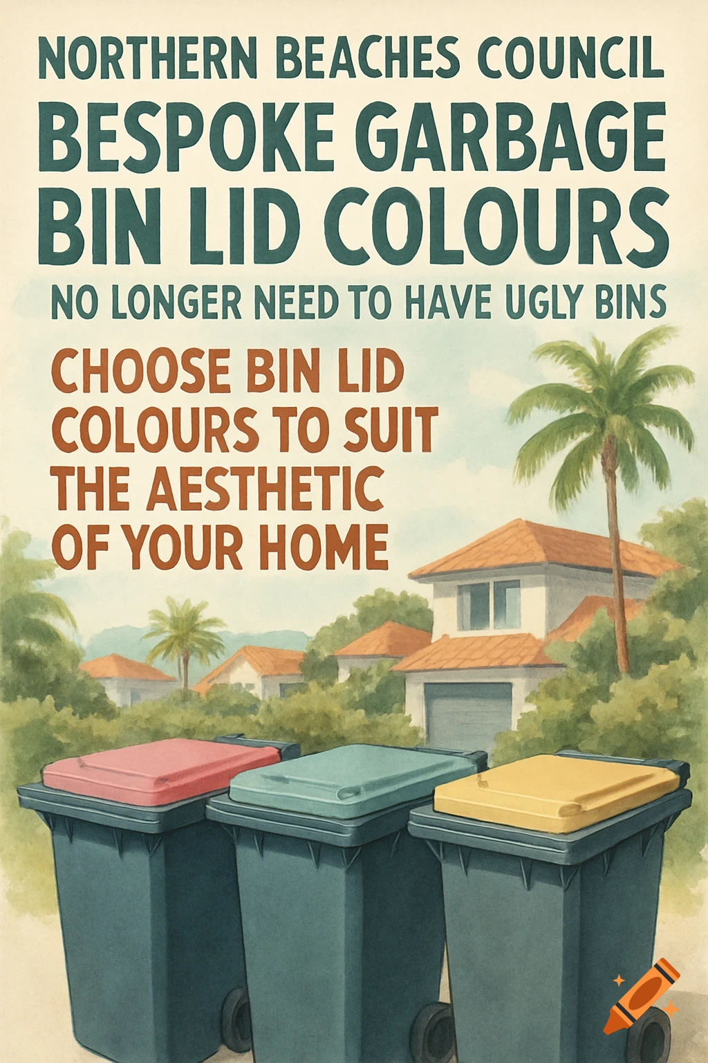 Poster advertising custom garbage bin lid colors with text and stylized illustration of bins in front of houses.