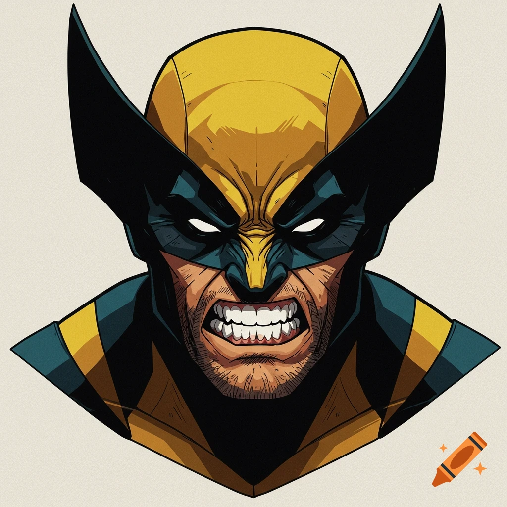 Close-up illustration of Wolverine's face in a yellow and black mask, snarling.