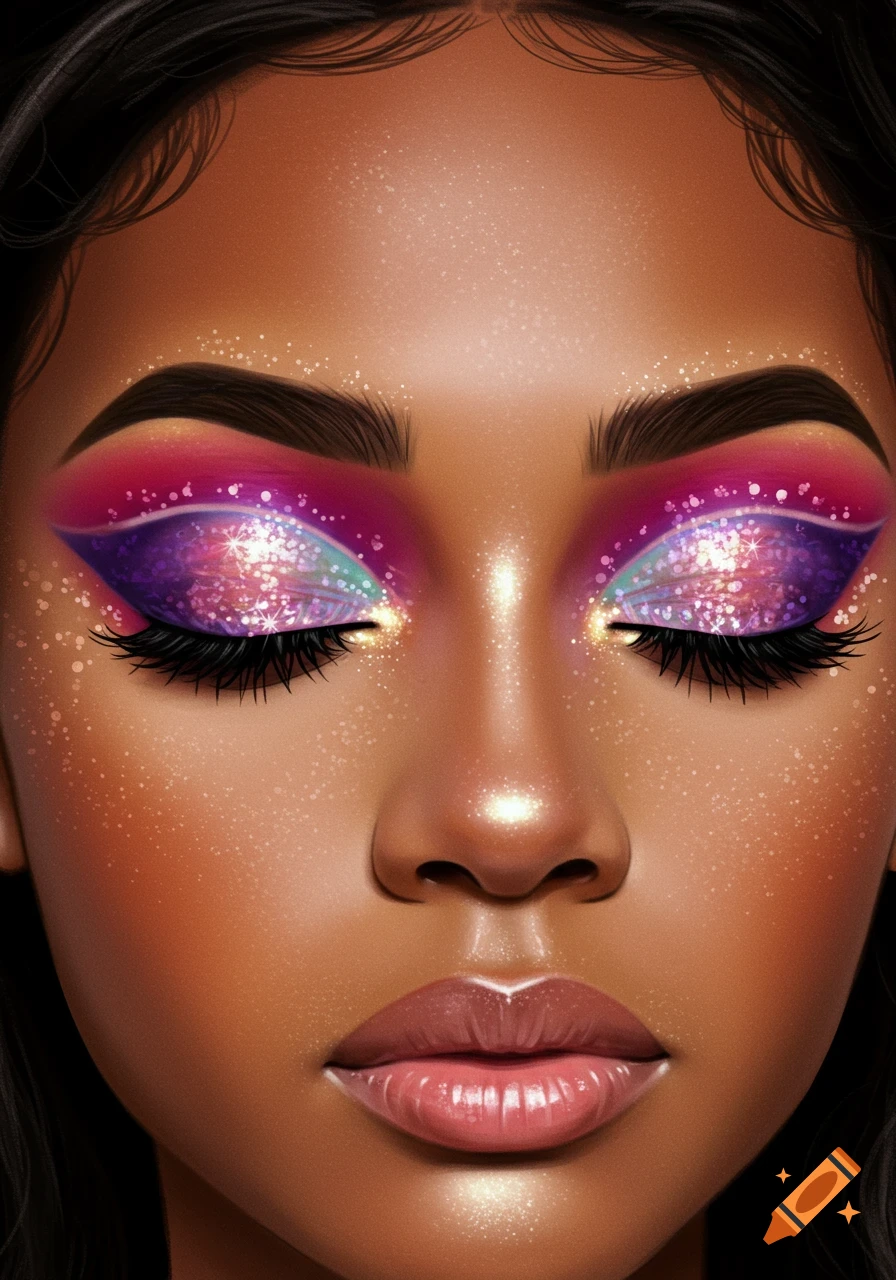 Close-up portrait of a woman's face with detailed, sparkly purple and pink eye makeup, realistic illustration style.