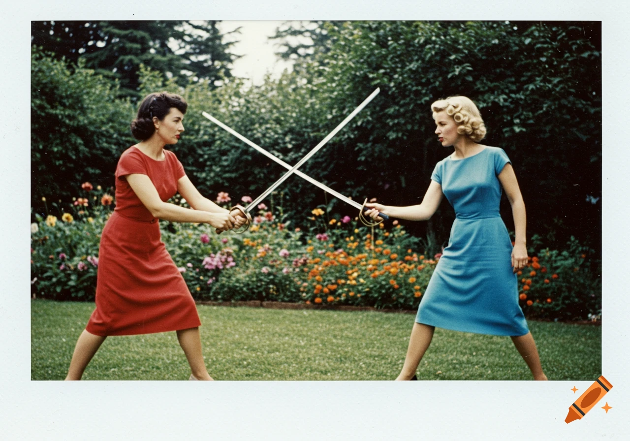 Vintage 1950s Polaroid of two women dueling with swords in a garden, wearing classic dresses