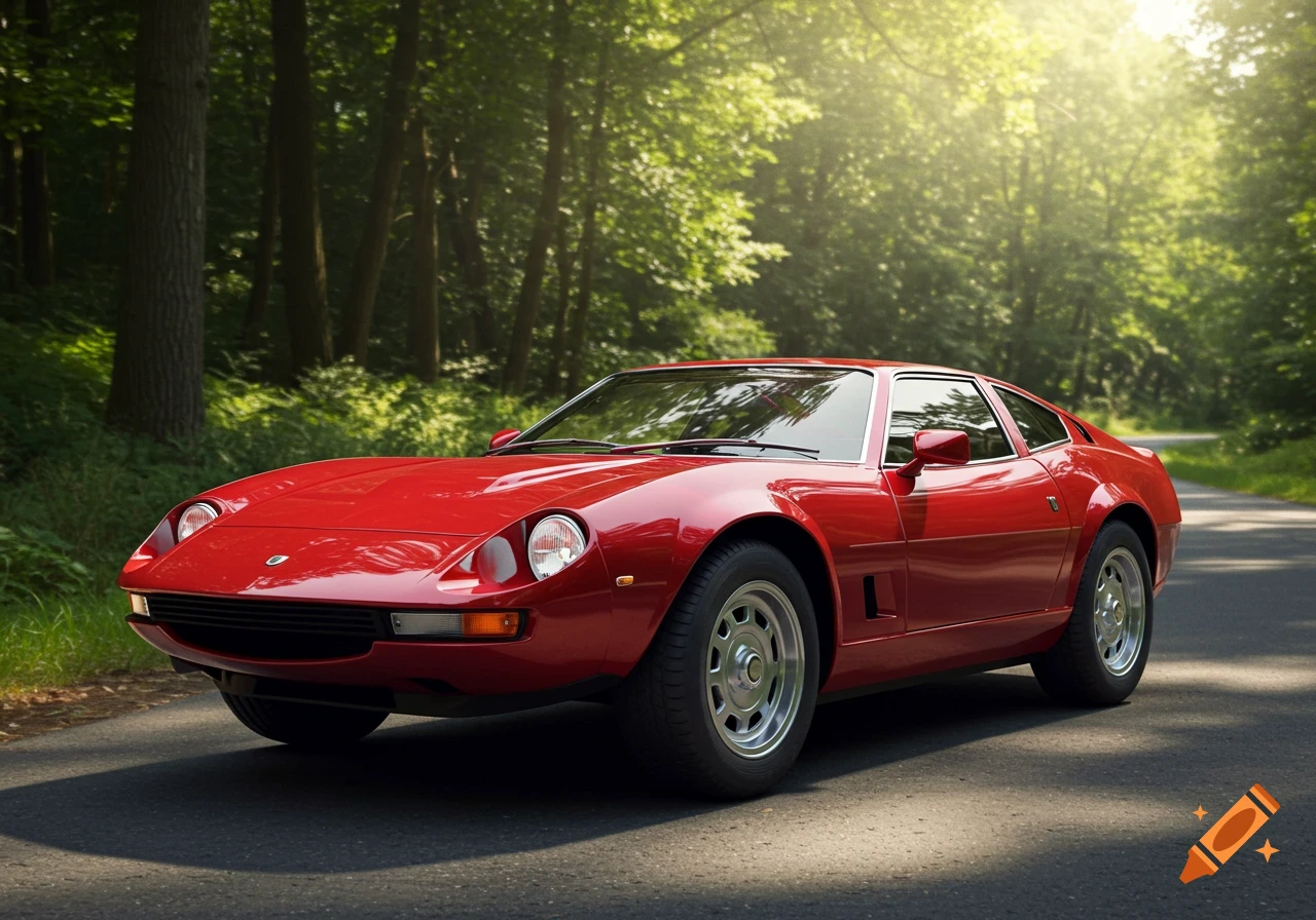 A red sports car on a sunlit road in a forest.
