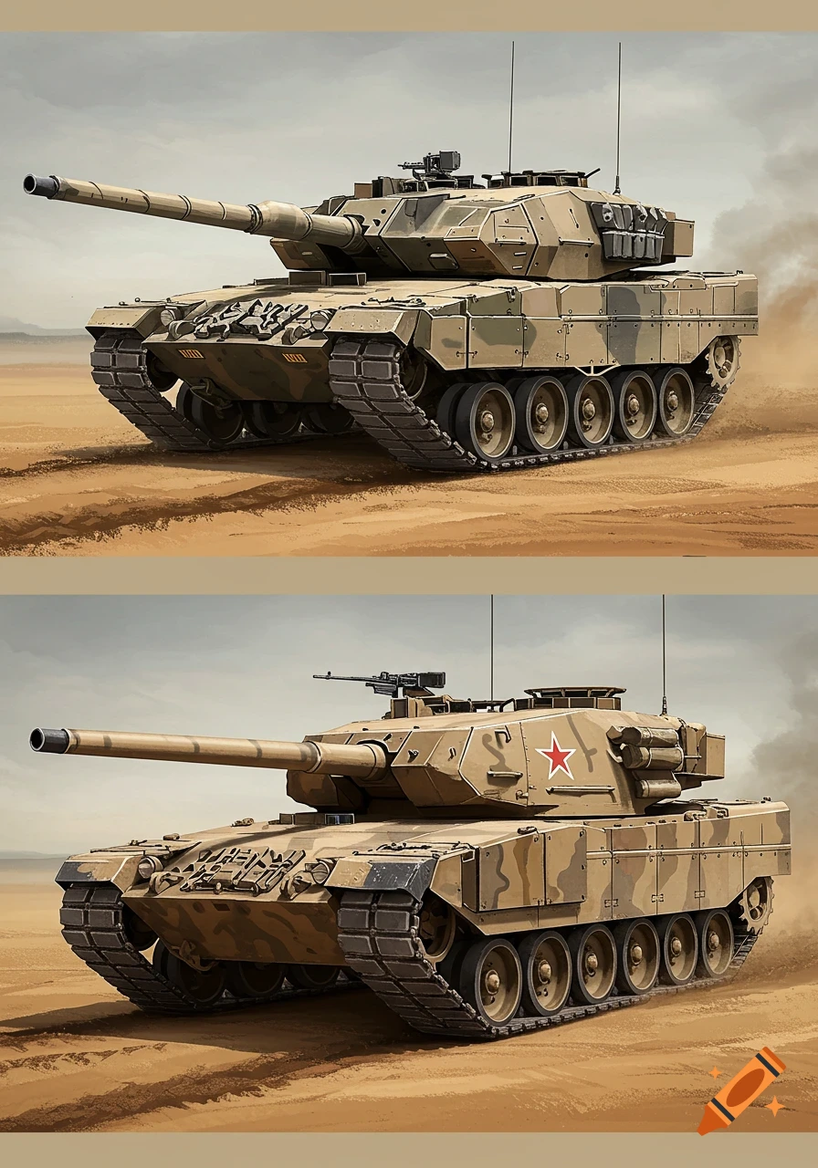 Two military tanks in a desert landscape, digital painting style.