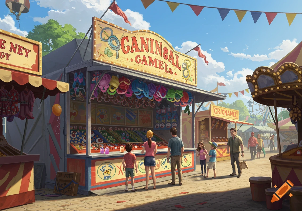 People playing games and enjoying rides at a sunny carnival or fair.