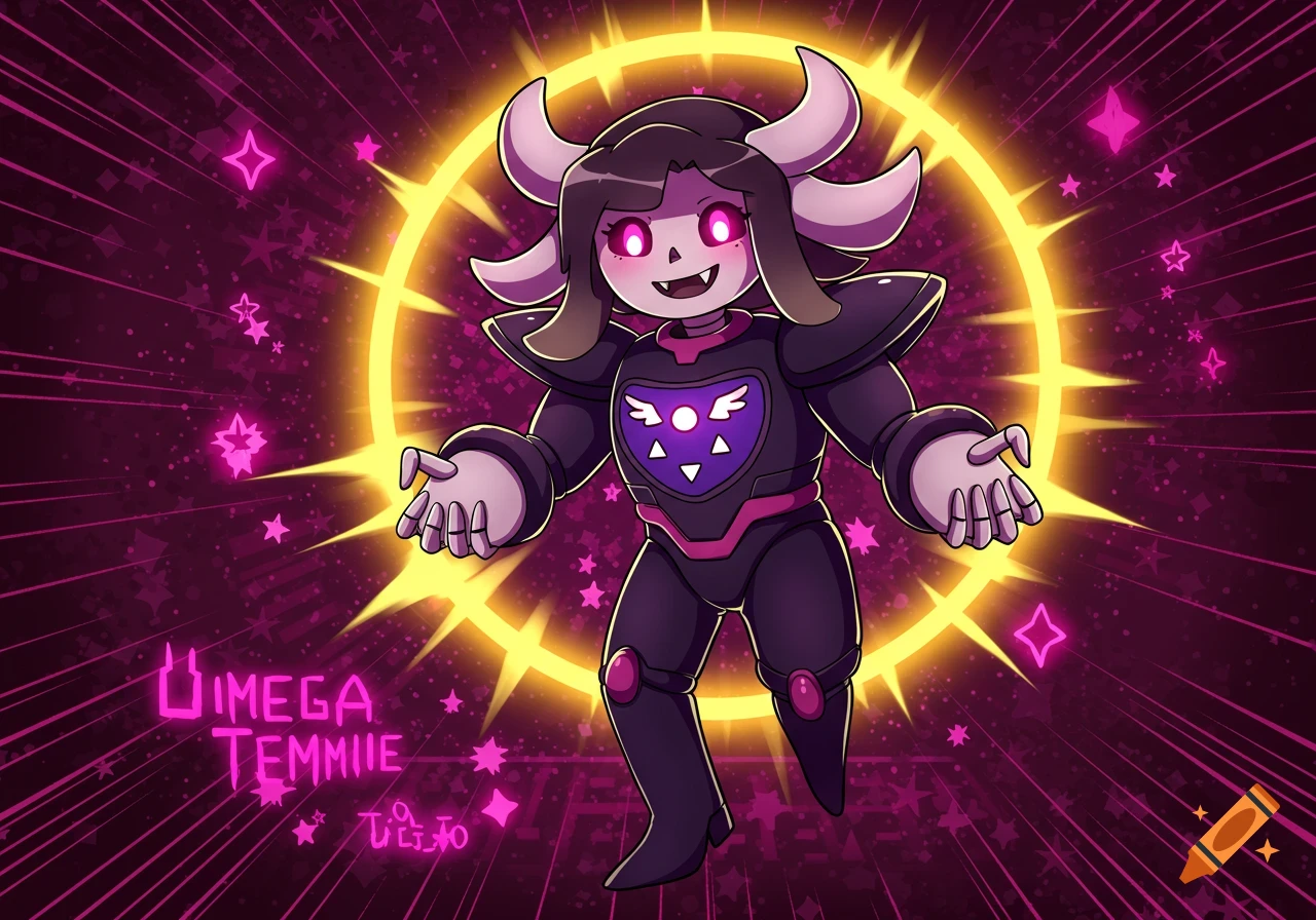 Cartoon character with horns in dark armor glows in front of a halo of light, surrounded by stars.