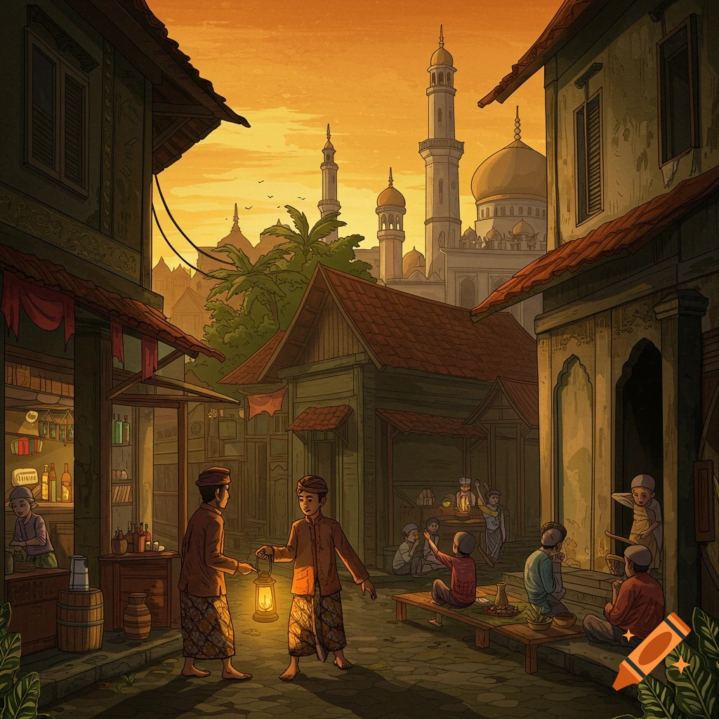 A traditional illustration of a street scene at sunset with people, buildings, and a mosque in the background. Two boys carry a lantern.