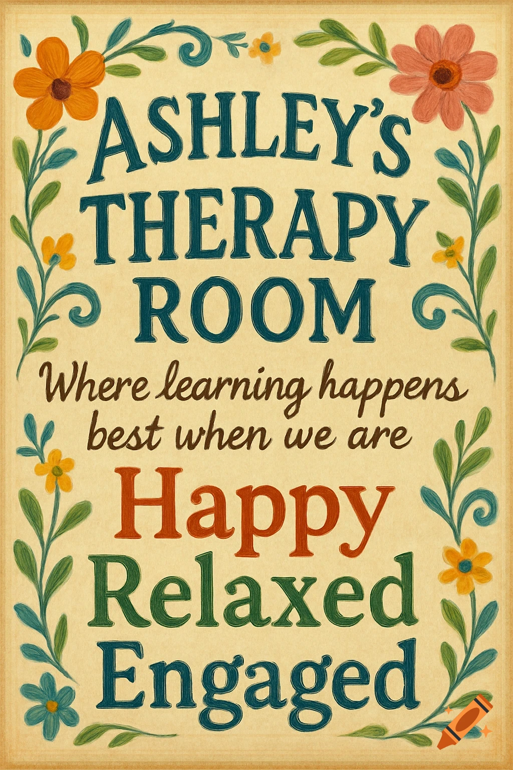 Floral sign for Ashley's Therapy Room: Learning happens best when Happy, Relaxed, Engaged.