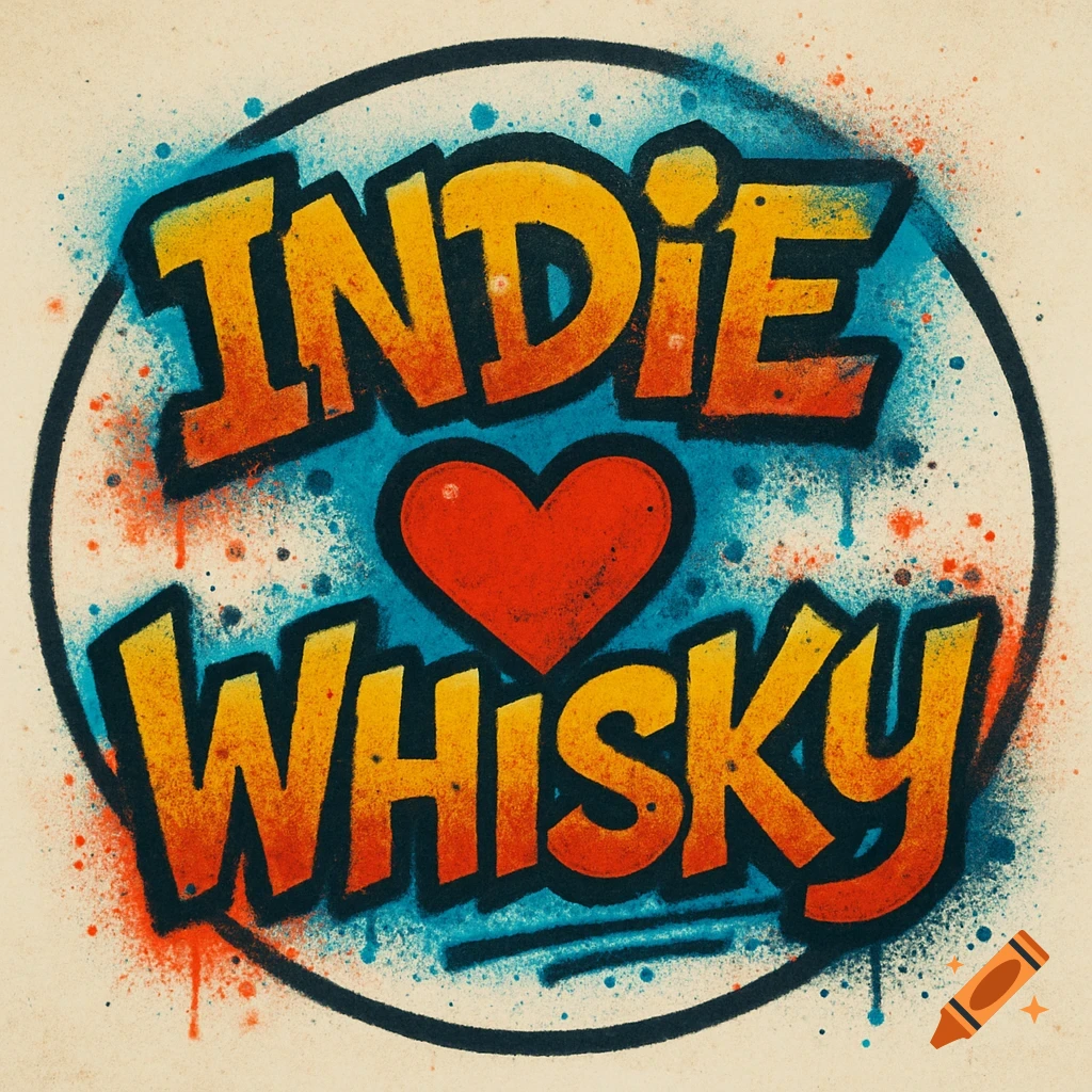 Retro spray paint graffiti style logo with text 'Indie Whisky' and a heart inside a circle.