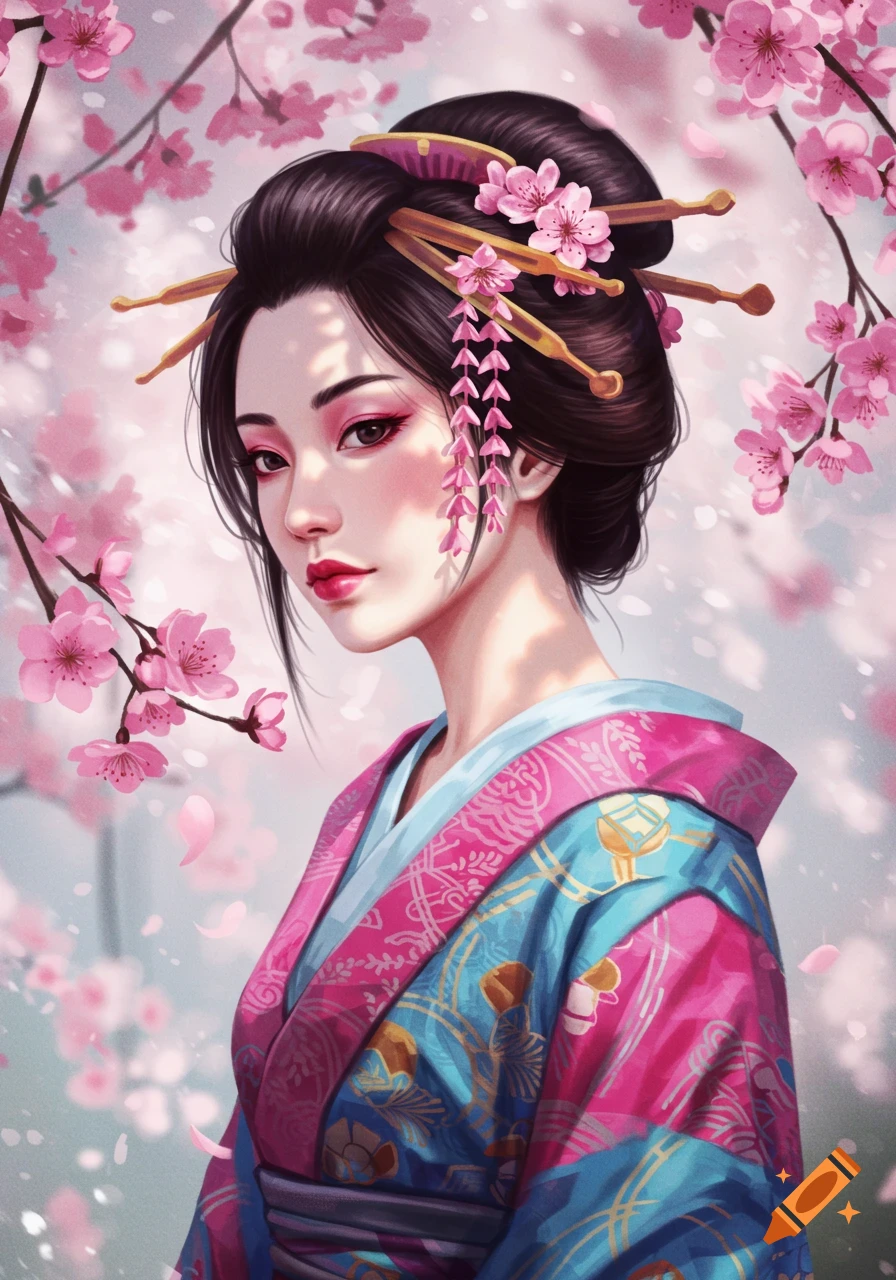 Digital painting of a Japanese woman in a kimono surrounded by cherry blossoms.