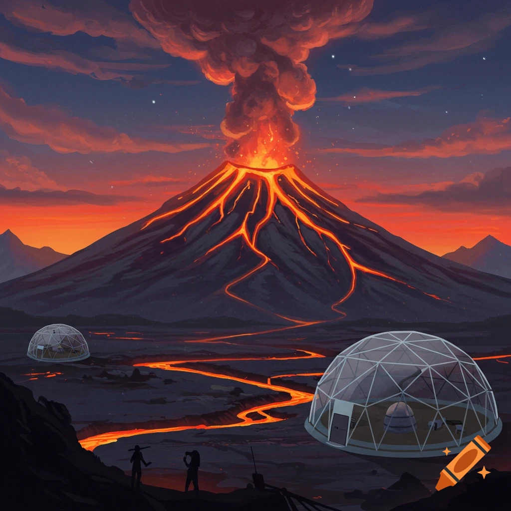 A volcano erupting with lava flows, geodesic domes, and silhouetted figures in the foreground, digital painting.