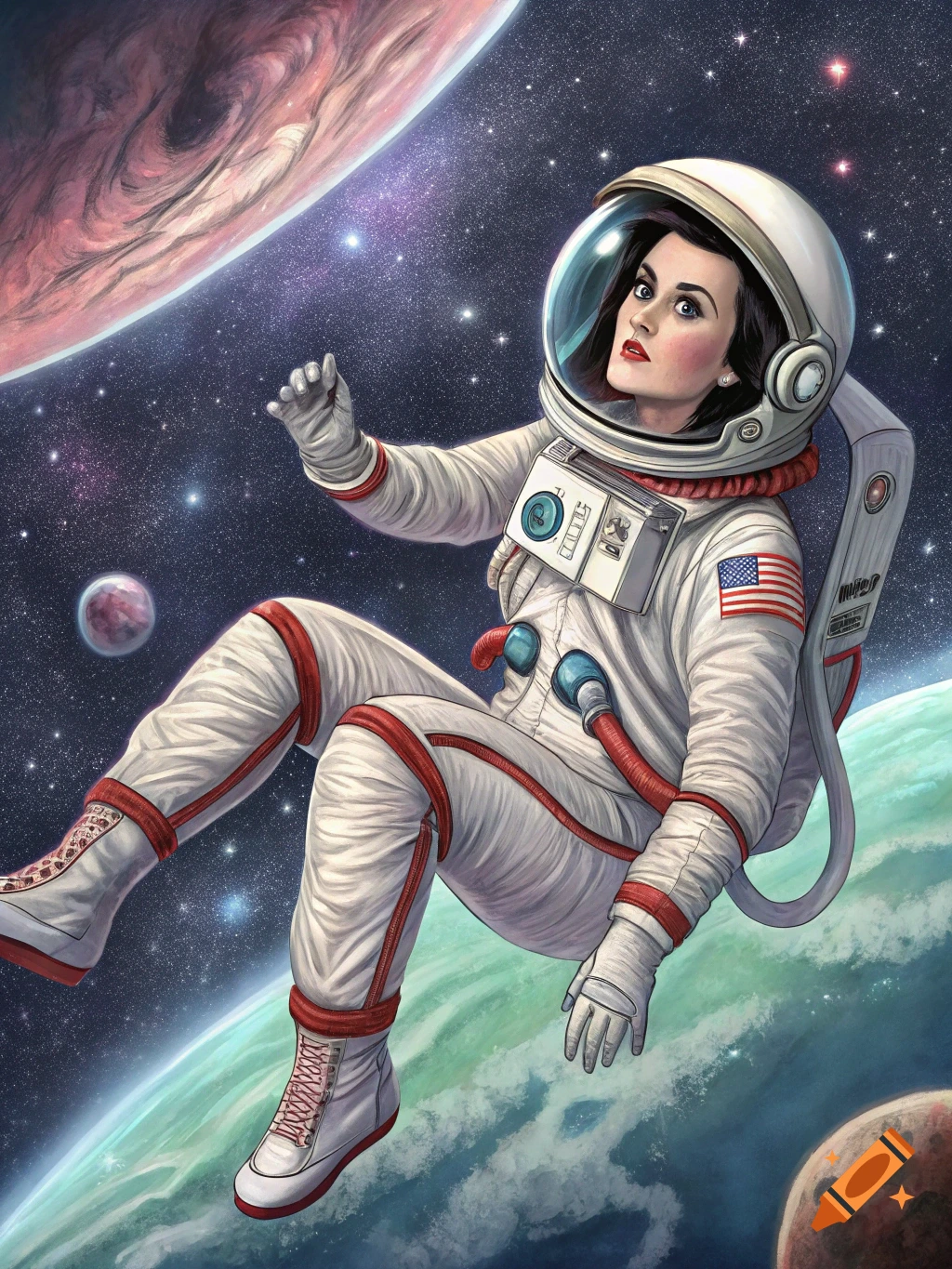 Illustration of a glamorous woman in a spacesuit floating among colorful planets and stars in space.