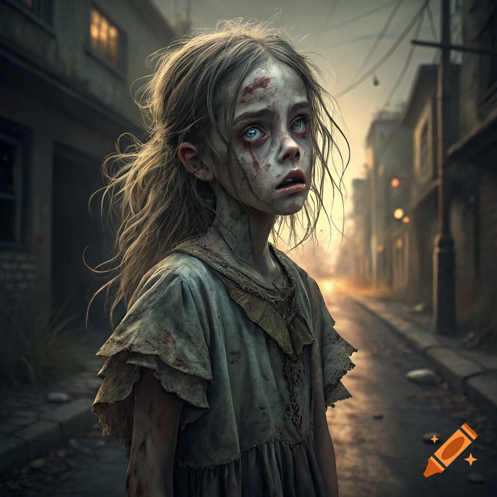 Portrait of a dirty, injured young girl with pale eyes standing in a desolate street.