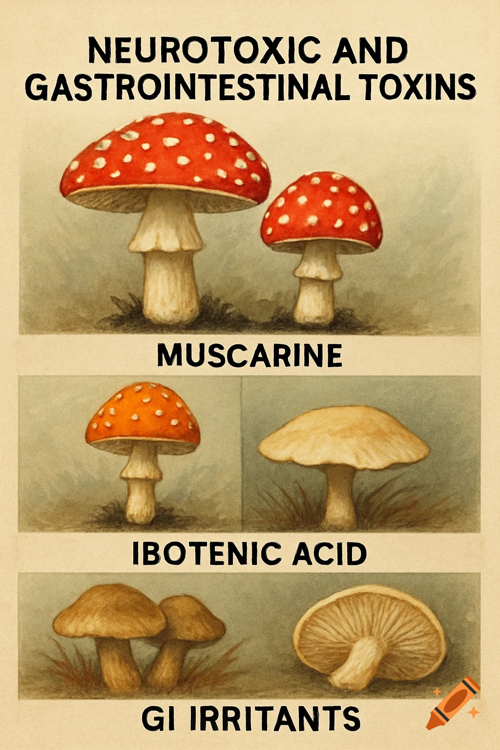Illustration of three sections showing different toxic mushrooms with labels: Muscarine, Ibotenic Acid, GI Irritants.