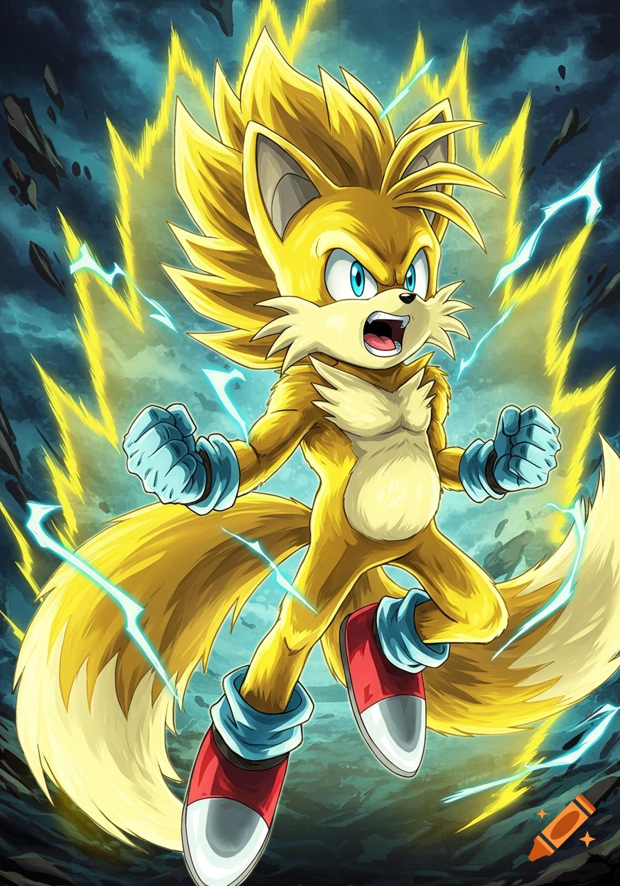 Tails from Sonic the Hedgehog in a Super Saiyan form with a yellow aura, clenching his fists.
