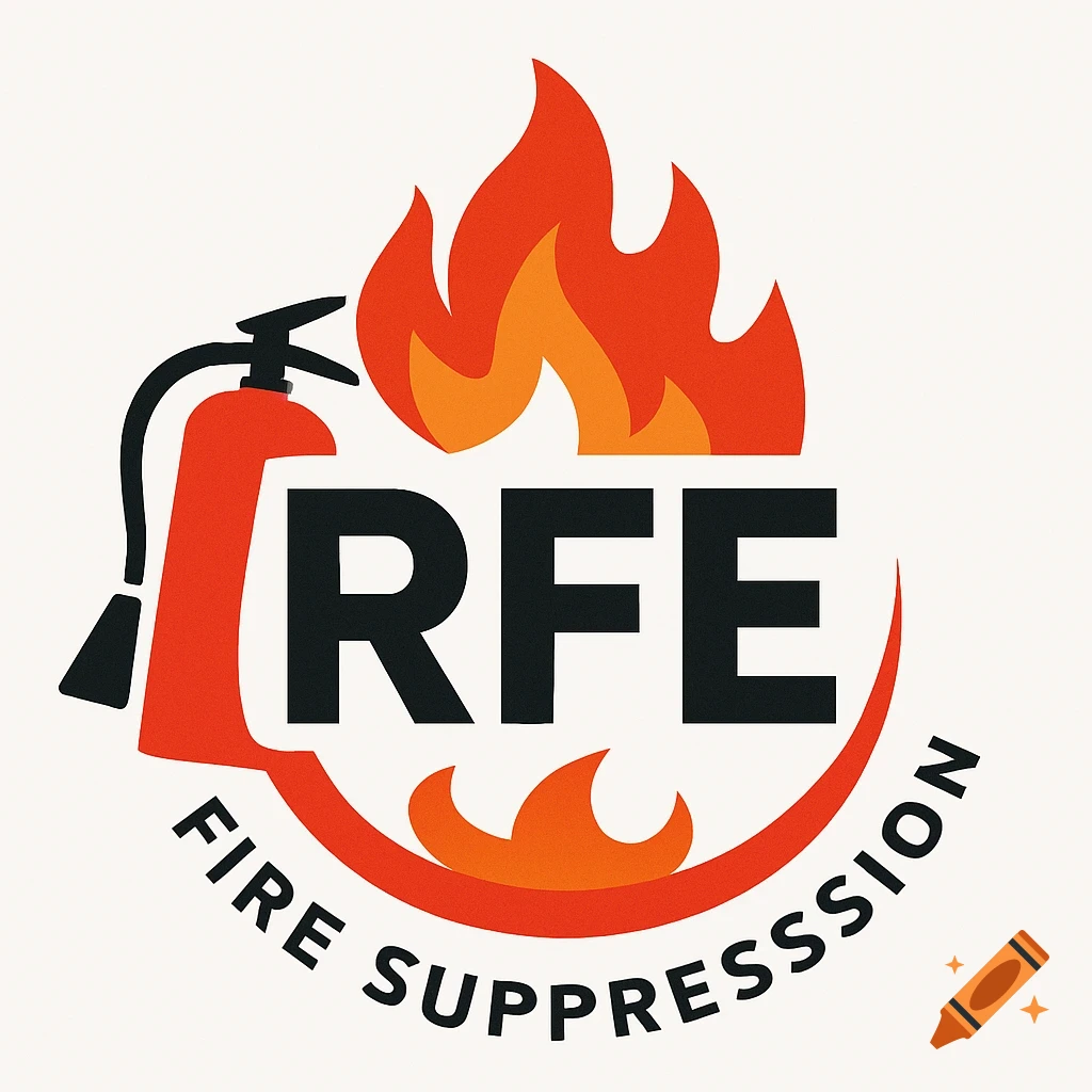 Logo for RFE Fire Suppression, featuring a red fire extinguisher, orange flames, and the company name text.