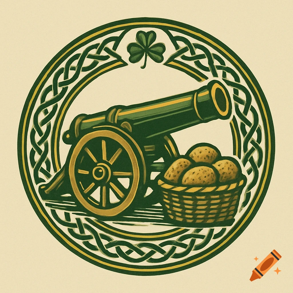 Logo with Celtic knot border featuring a cannon next to a basket of potatoes, with a shamrock at the top.