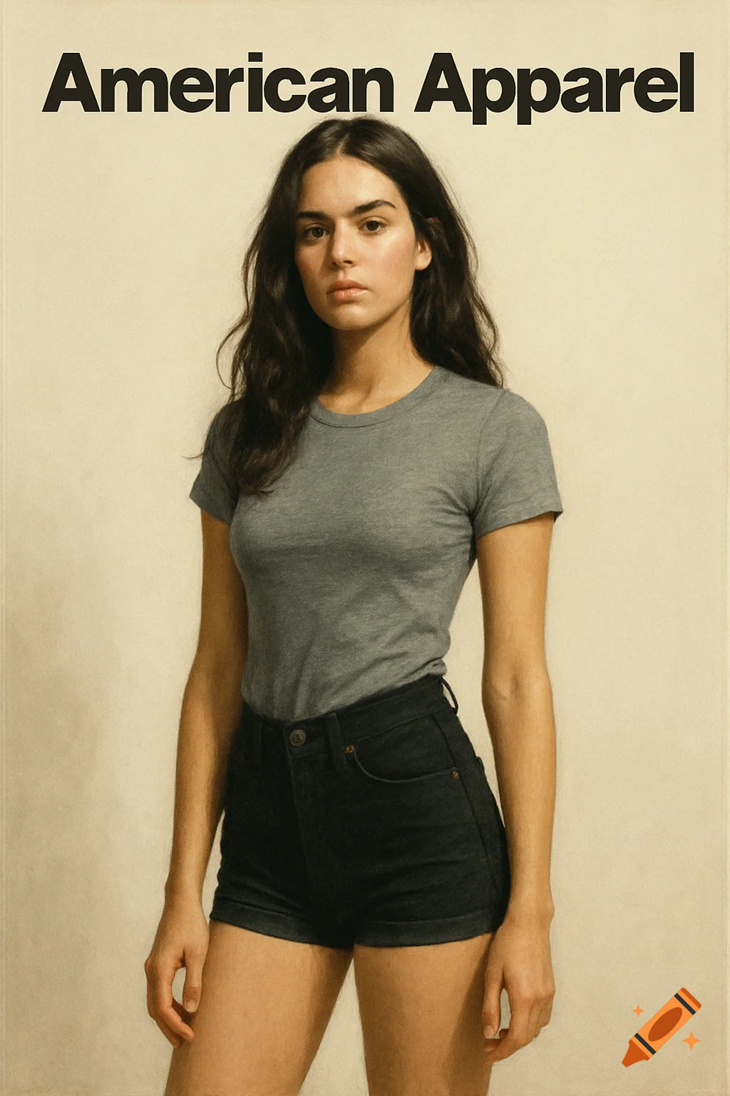 Woman modeling a grey t-shirt and black shorts in an American Apparel style ad with text.