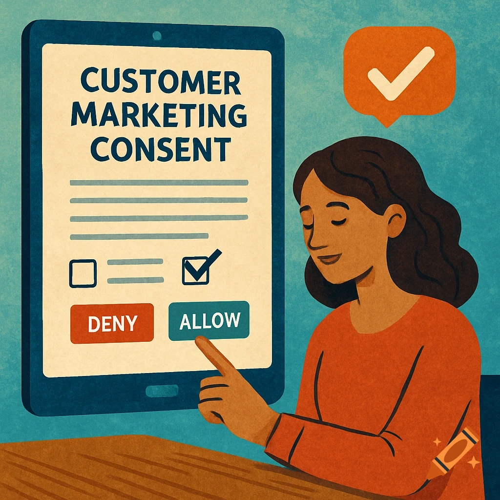 A person taps ALLOW on a digital form labeled CUSTOMER MARKETING CONSENT.