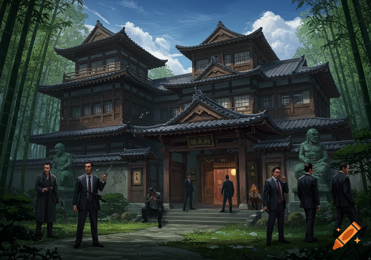 Illustrative painting of men in suits outside a Japanese mansion with bamboo trees