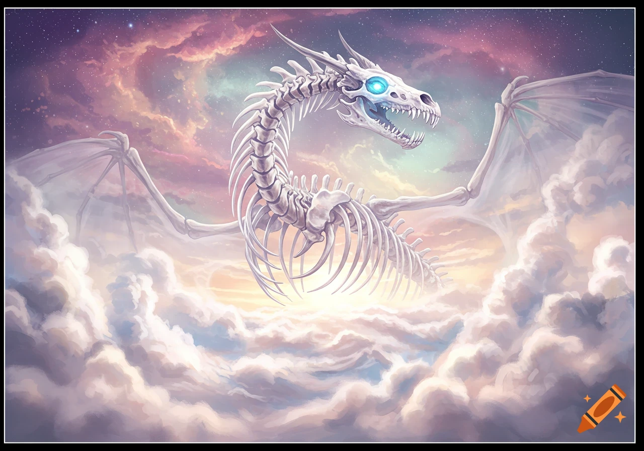 A skeletal dragon emerges from clouds into a starry sky, digital painting.