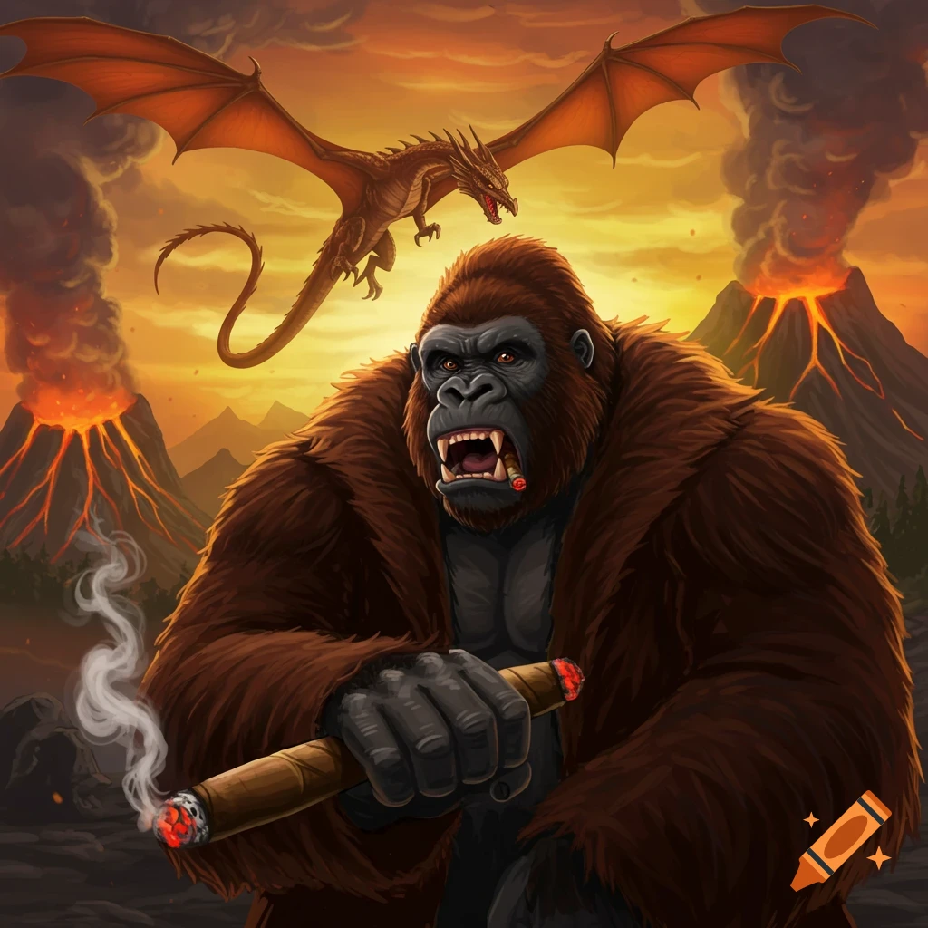 A fierce gorilla smoking a cigar, facing a dragon flying over erupting volcanoes.