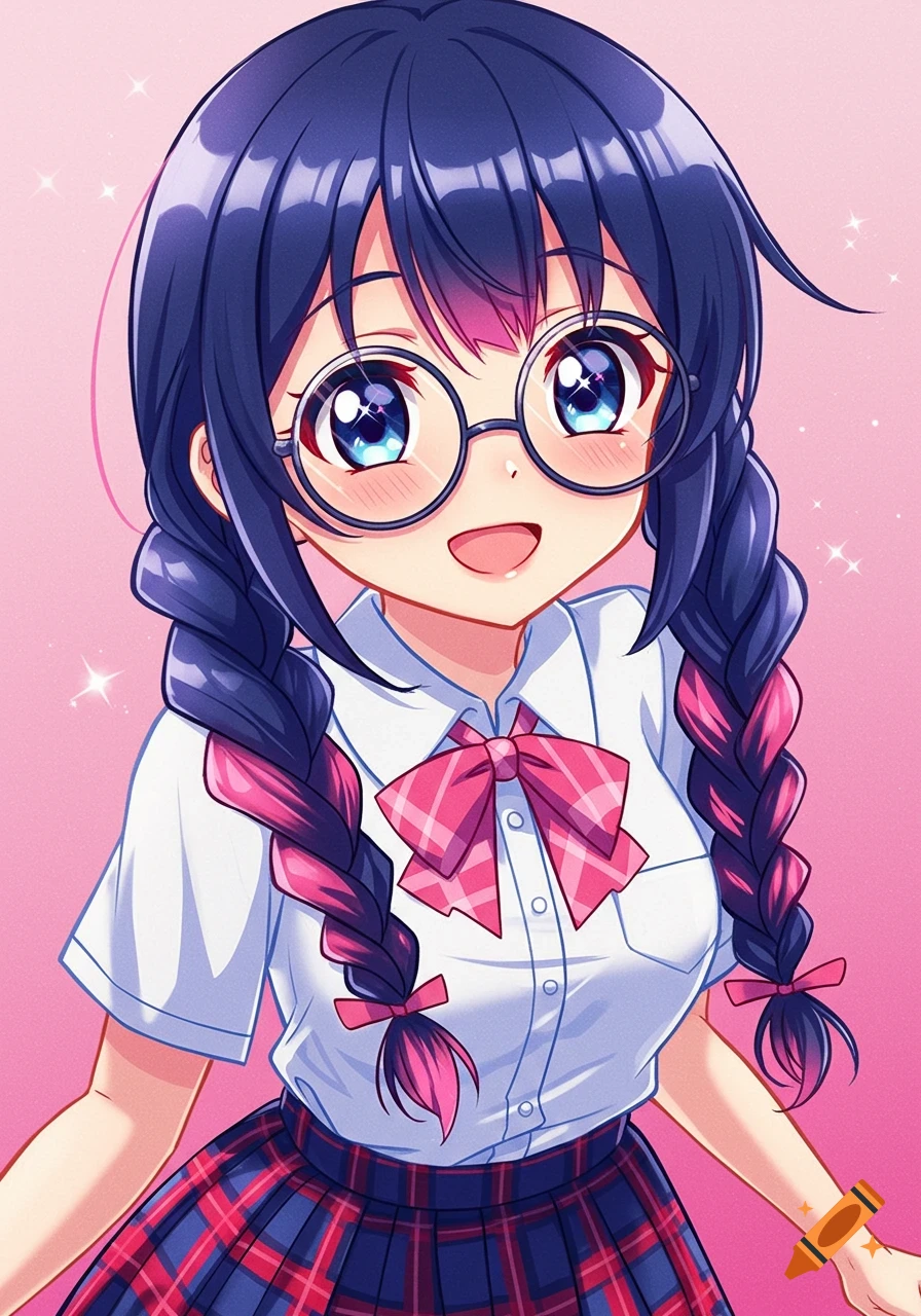 An anime girl with braided dark hair, glasses, a white shirt, and a plaid skirt smiles.