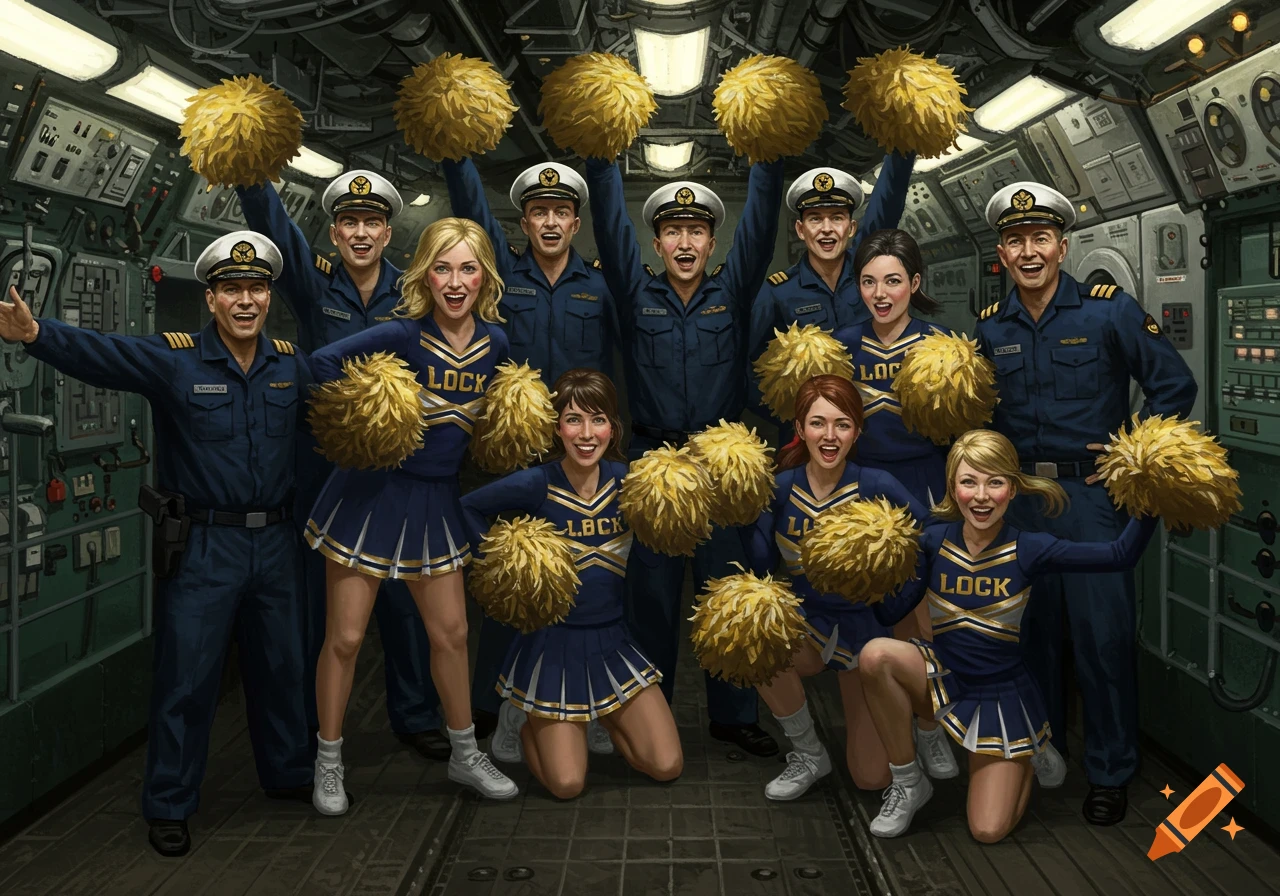 A group of people in a submarine, some in navy uniforms and others in cheerleader outfits holding pom-poms.
