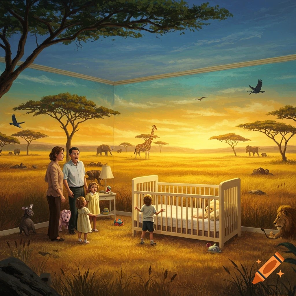 Family in a room with an African savanna mural and animals.