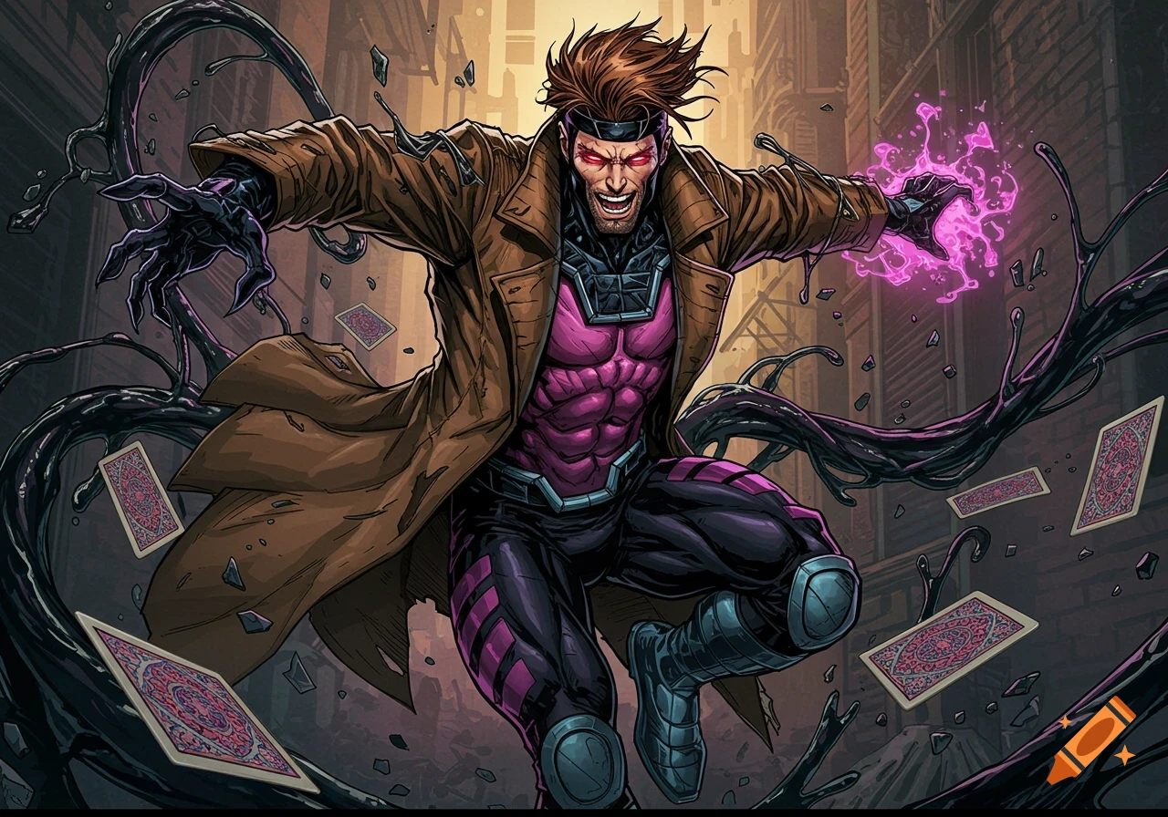 Comic art of Gambit merged with a symbiote, throwing energized playing cards in a dynamic pose.