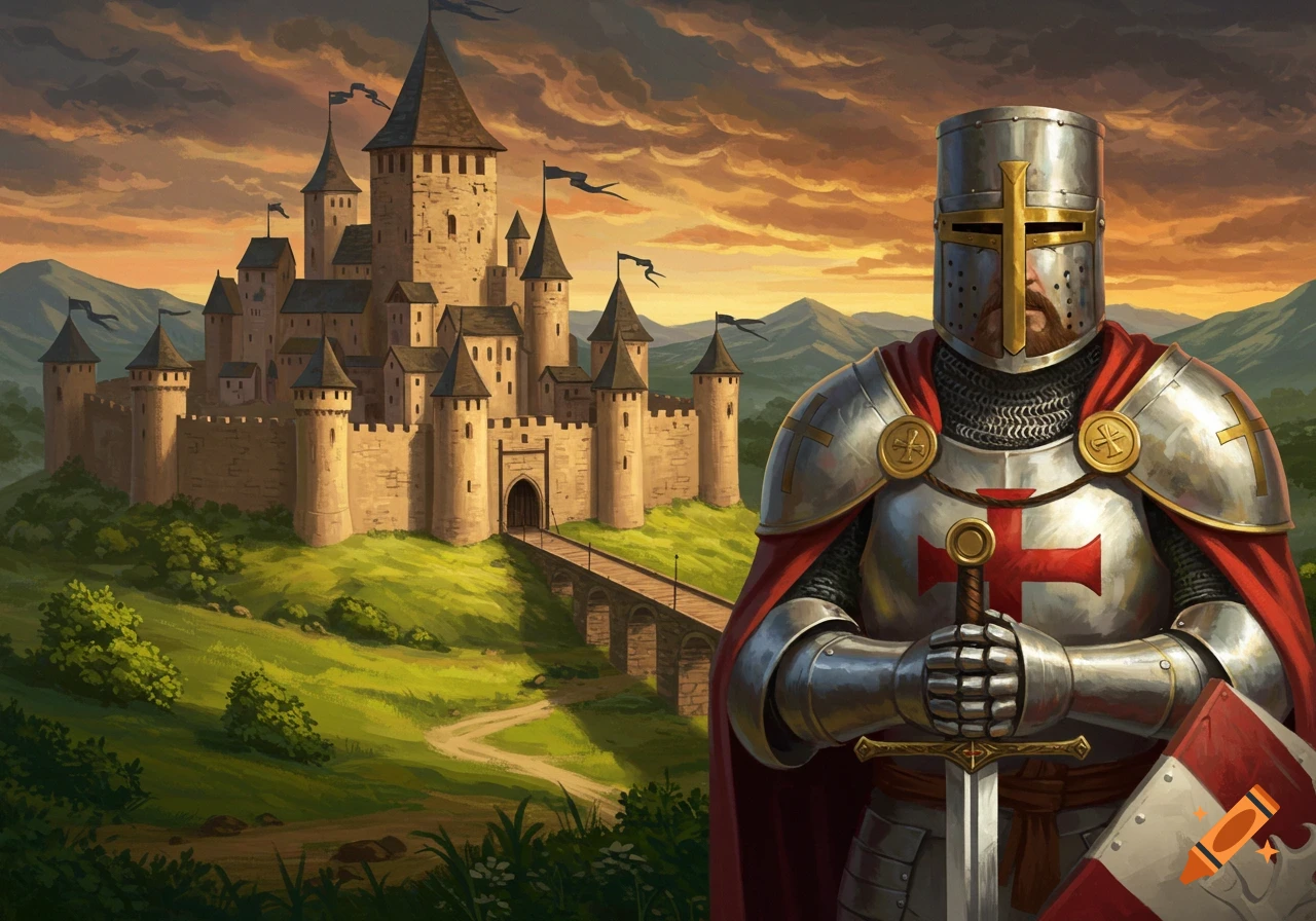 A medieval knight stands before a large castle at sunset in an illustration.