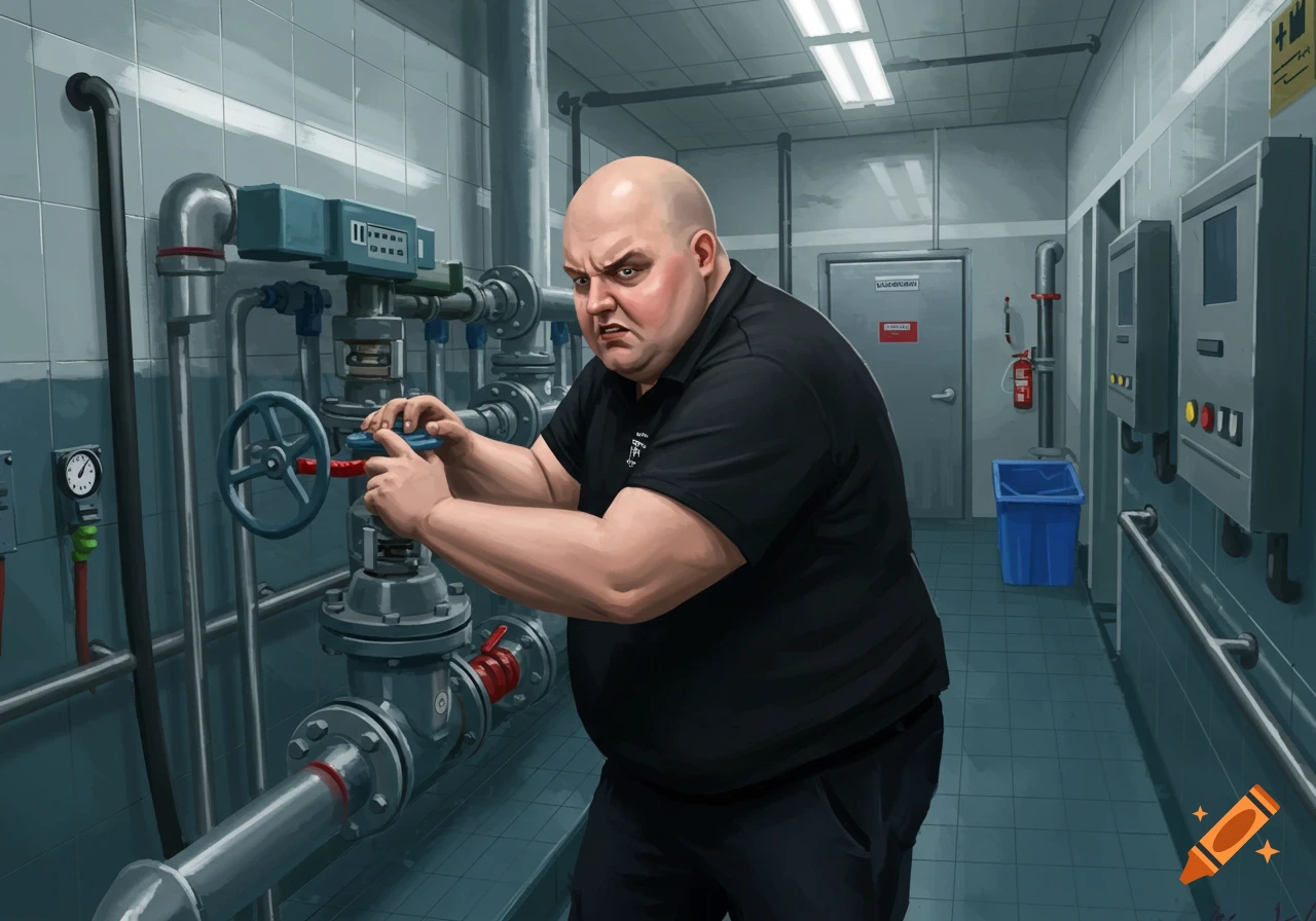 Bald, chubby man in black tee struggles to turn valve in a plant room.