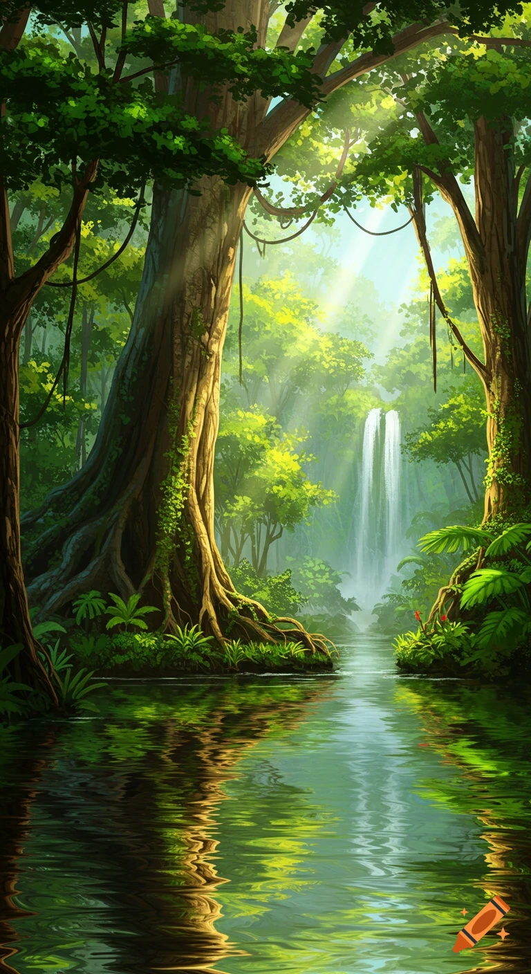 Lush digital painting of a forest with a waterfall cascading into a calm river.