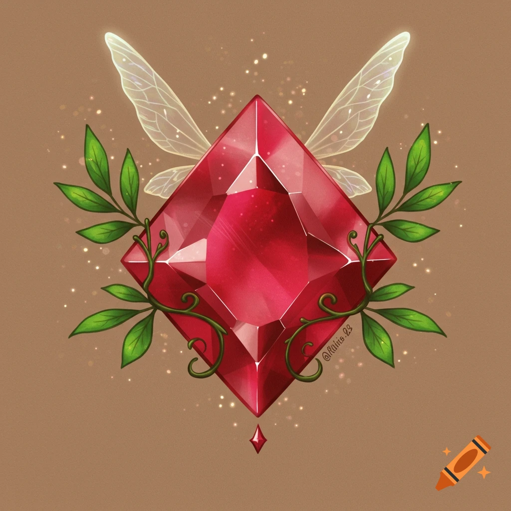 Illustration of a red ruby gem with fairy wings and green leaves