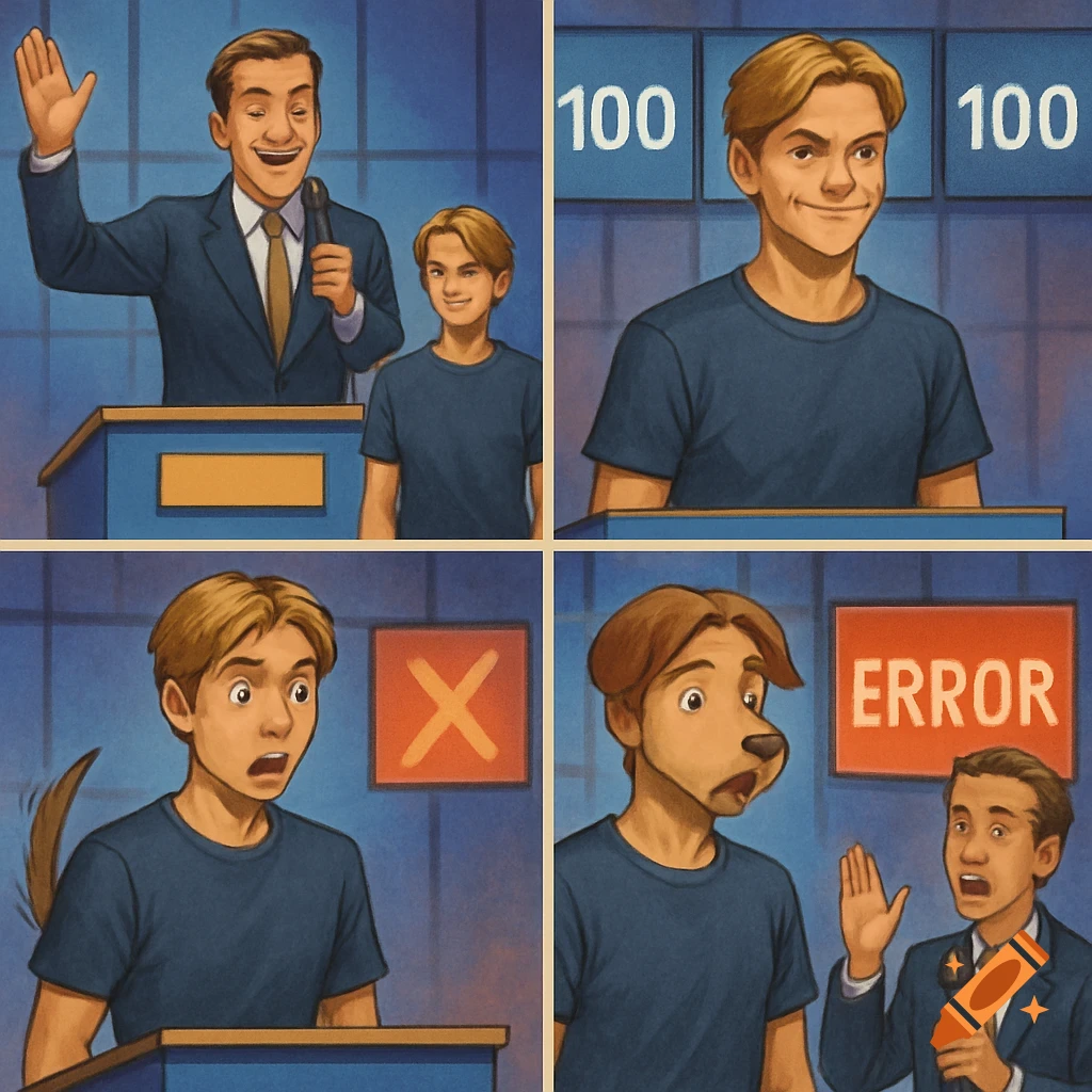 A four-panel illustration shows a boy on a quiz show transforming into a dog after getting an answer wrong.
