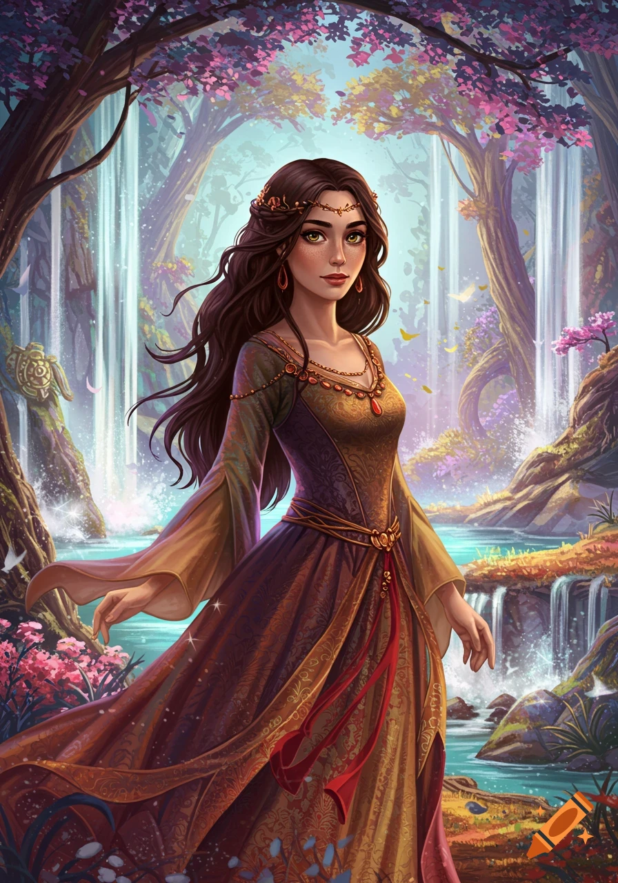 Illustration of a woman in a flowing dress standing in a fantasy ...