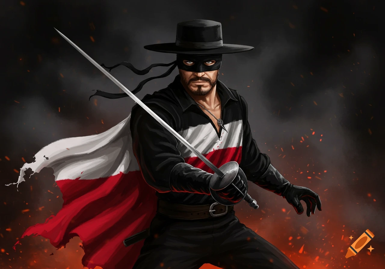 Illustration of Zorro with a sword and a Polish flag cape, standing in smoky background with fire embers.