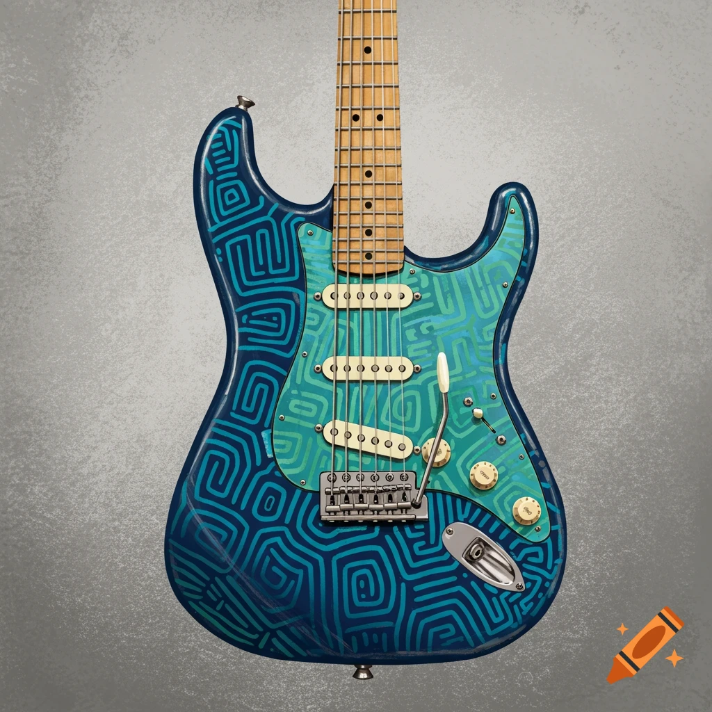 A blue and green patterned electric guitar.