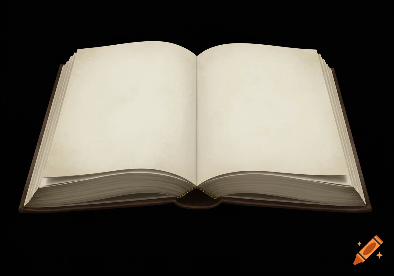 An open leather-bound book with plain, aged pages on a black background.