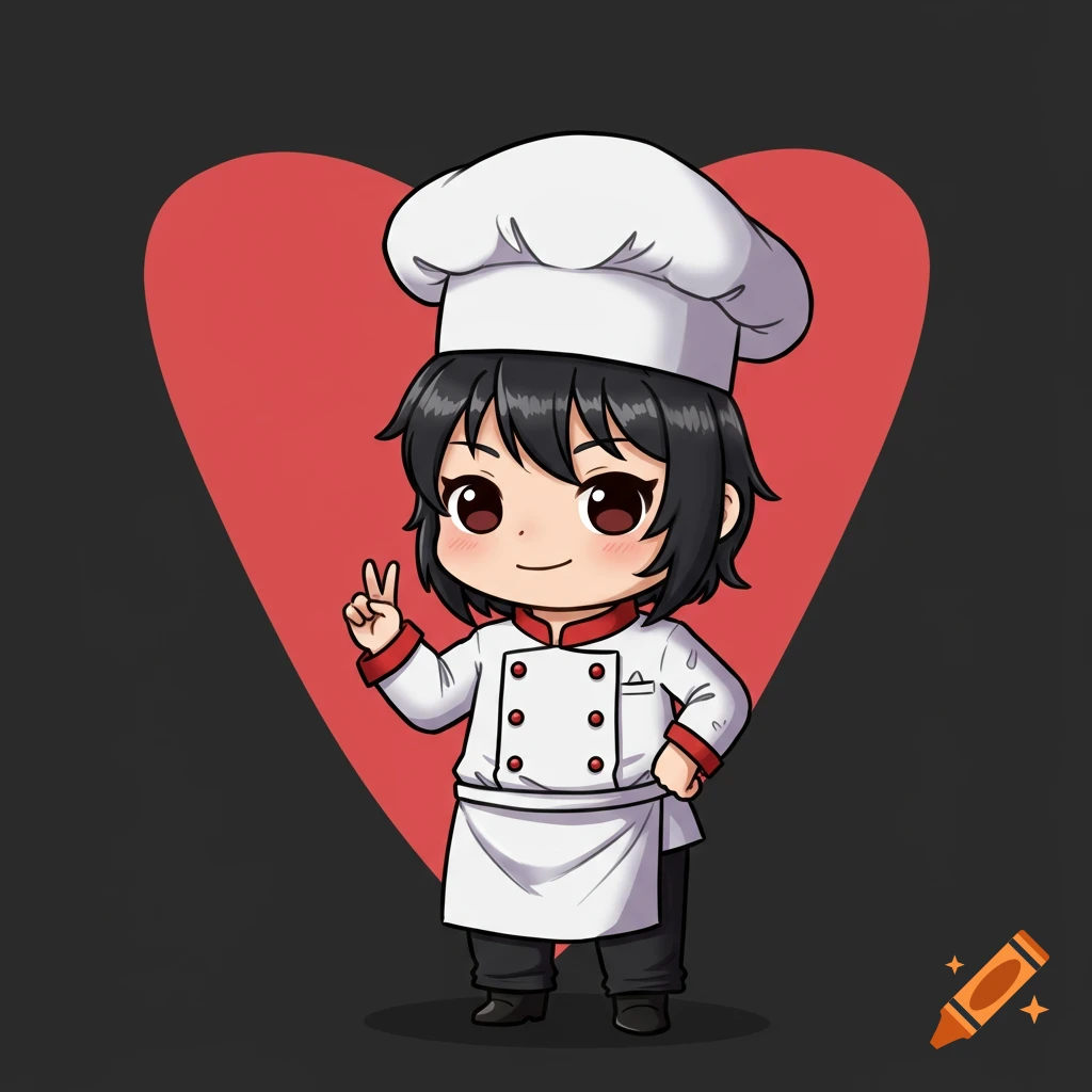 A cute chibi anime character in a chef uniform gives a peace sign against a red heart background.