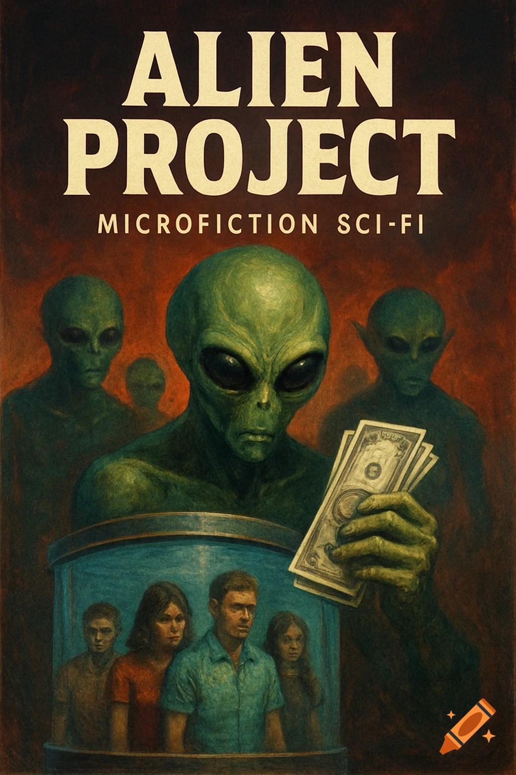 Pulp sci-fi book cover with a green alien holding money and humans in a jar.