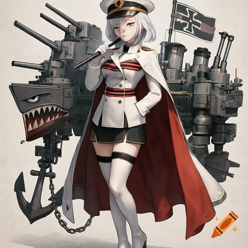Anime character in naval uniform with ship rigging background.