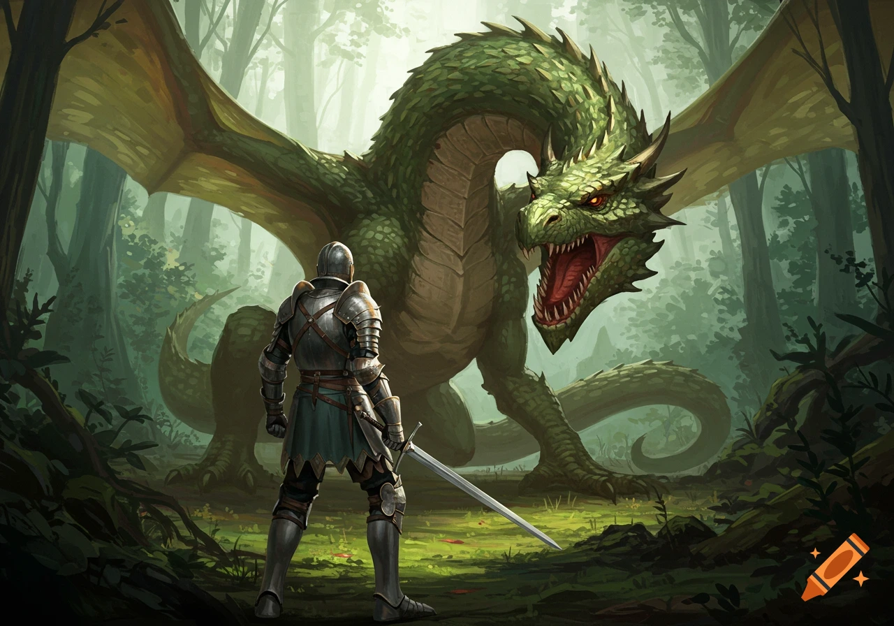 A medieval knight faces a large green dragon in a dark forest.