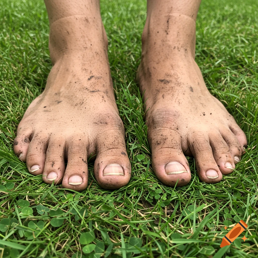 Close-up of muddy feet standing in green grass
