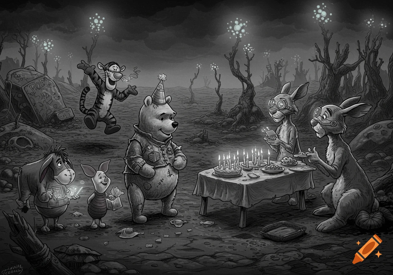 Winnie the Pooh characters at a future birthday party in a dark landscape, black and white illustration in Moebius style.