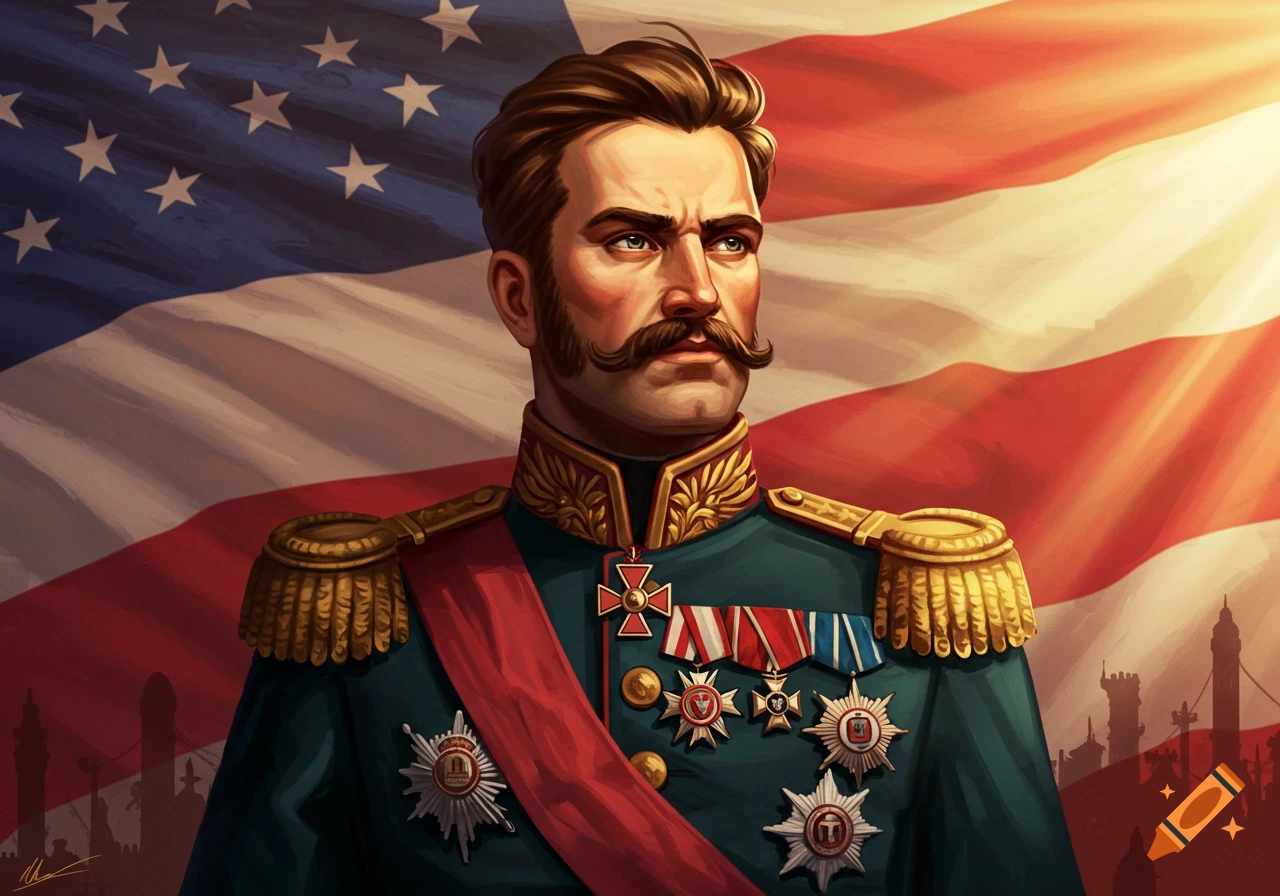 A man with a mustache in a military uniform stands in front of an American flag.