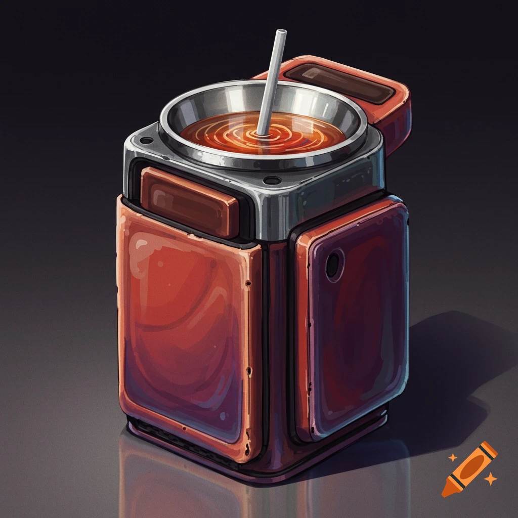 Stylized illustration of a red and gray container with orange liquid and a straw on top.