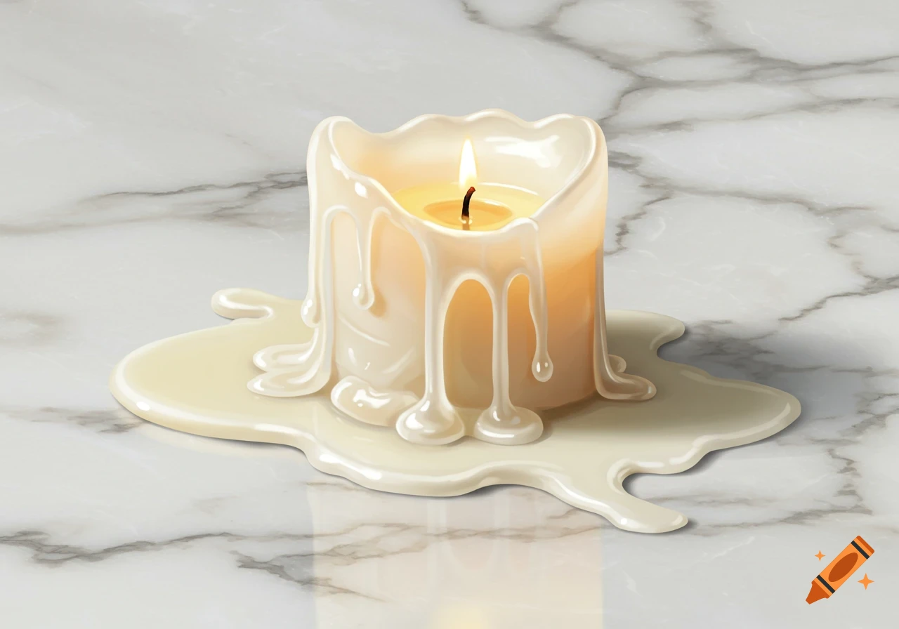 A burning candle with melted wax dripping onto a marble surface.